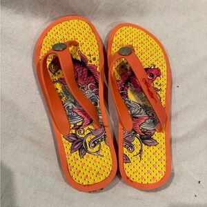 Ed Hardy Flip Flops Orange Yellow w/Fish design. size 7 1/2 / 8